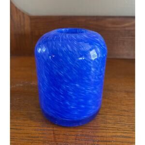 Art Glass Cobalt Blue & White Swirl Small Vase 4" Tall 2.5" Wide